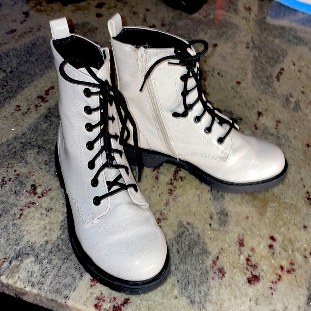 White sparkly girl combat boots.